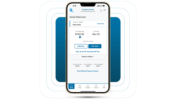 mobile phone showing home tab account summary on the fpl app with blue square graphic background
