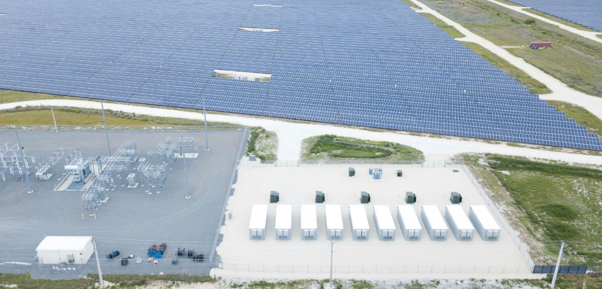 Ariel view of Babcock Ranch solar panels and battery storage containers