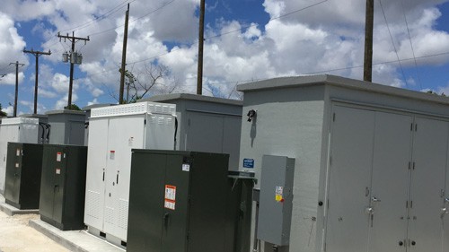 Exterior view of Southwest Battery Storage System containers in Miami-Dade County